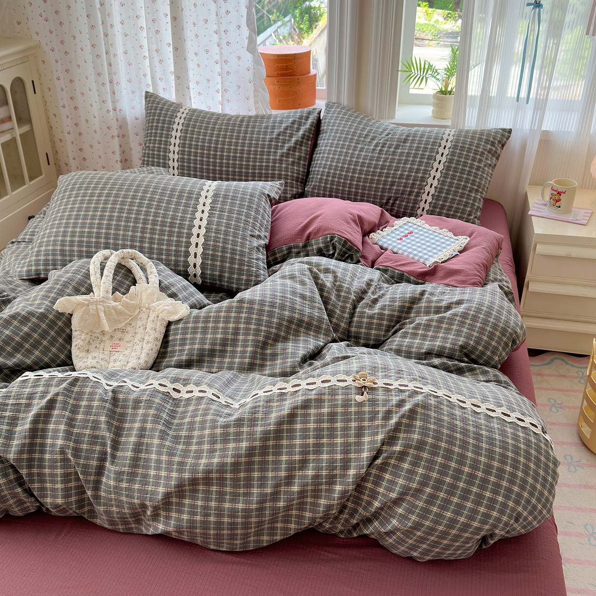 91家纺网 家纺一手货源 找家纺 （总）晚爱家纺（原晚安家居） 2025新款云感木棉双层纱四件套皱皱纱蕾丝花边四件套