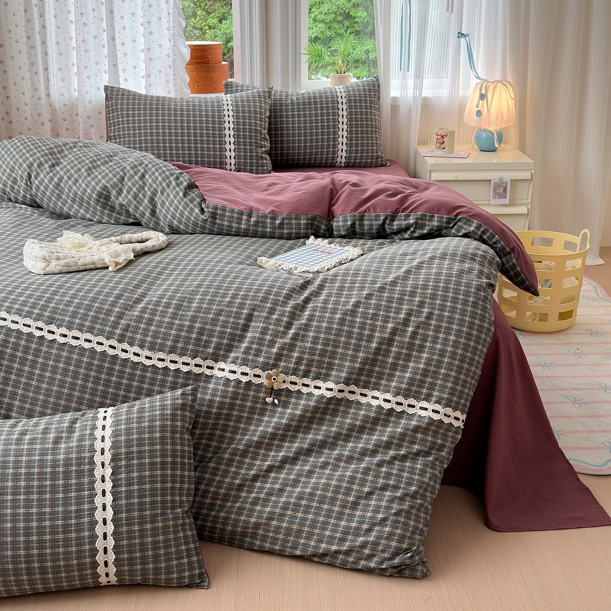 91家纺网 家纺一手货源 找家纺 （总）晚爱家纺（原晚安家居） 2025新款云感木棉双层纱四件套皱皱纱蕾丝花边四件套