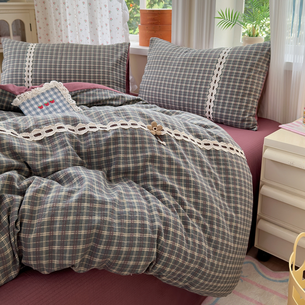 91家纺网 家纺一手货源 找家纺 （总）晚爱家纺（原晚安家居） 2025新款云感木棉双层纱四件套皱皱纱蕾丝花边四件套