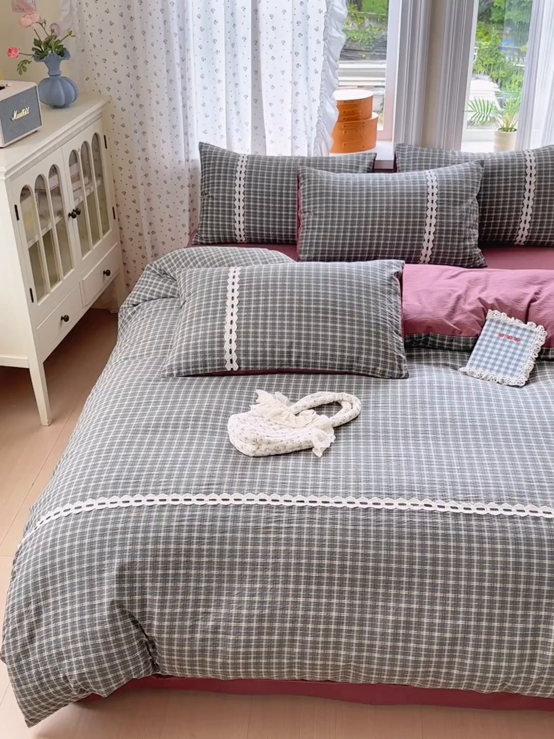 91家纺网 家纺一手货源 找家纺 （总）晚爱家纺（原晚安家居） 2025新款云感木棉双层纱四件套皱皱纱蕾丝花边四件套