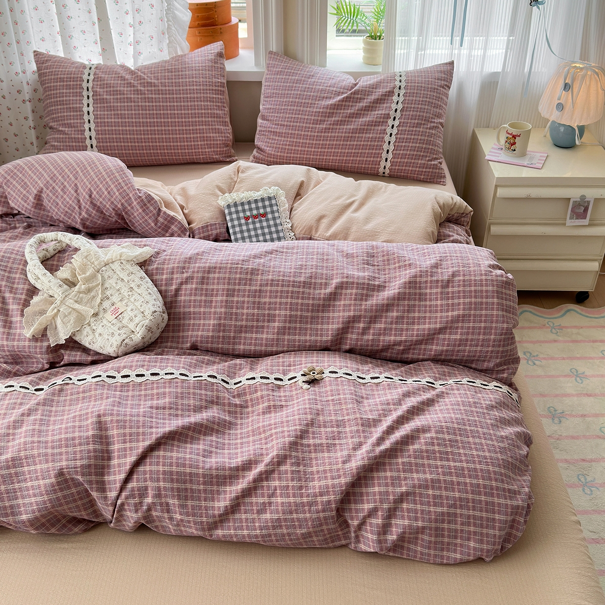 晚爱家纺（原晚安家居） 2025新款云感木棉双层纱四件套皱皱纱蕾丝花边四件套 梦境-豆沙粉