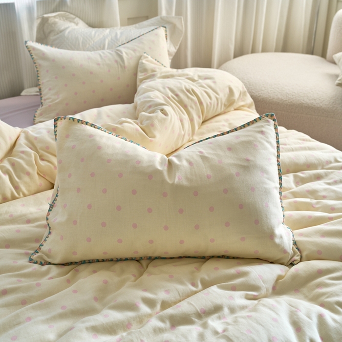 91家纺网 家纺一手货源 找家纺 洋铭区（原狠狠爱） 2025新款全棉纯棉双层纱彩边四件套 蜜粉波波