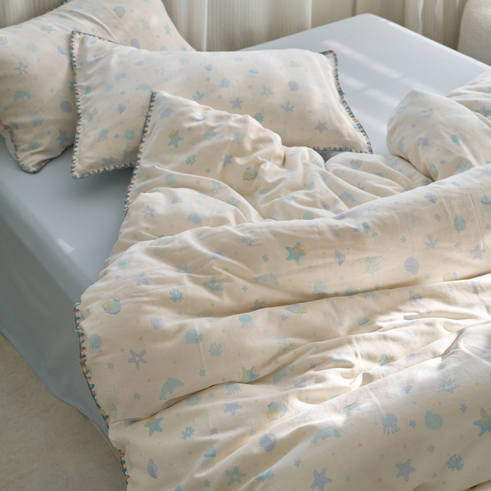 91家纺网 家纺一手货源 找家纺 洋铭区（原狠狠爱） 2025新款全棉纯棉双层纱彩边四件套 阳光海星