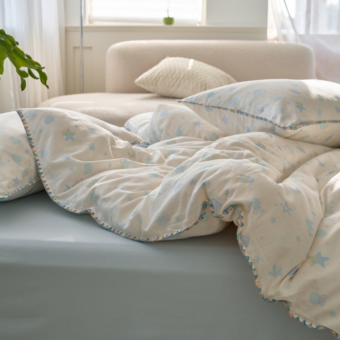 91家纺网 家纺一手货源 找家纺 洋铭区（原狠狠爱） 2025新款全棉纯棉双层纱彩边四件套 阳光海星