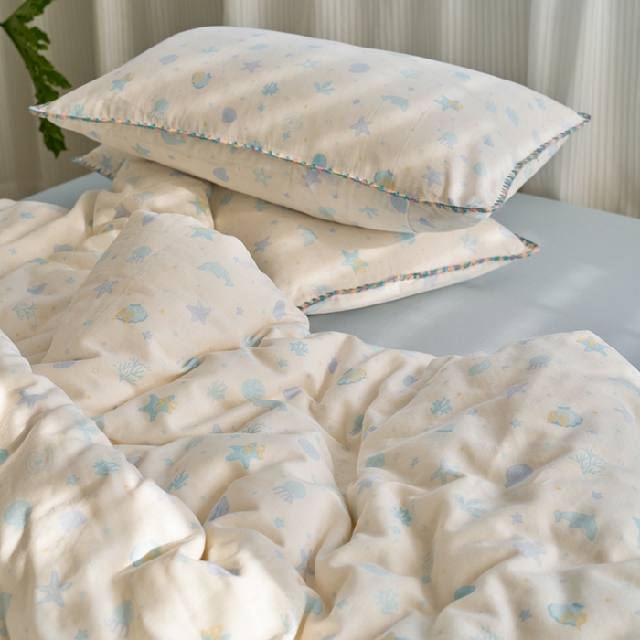 91家纺网 家纺一手货源 找家纺 洋铭区（原狠狠爱） 2025新款全棉纯棉双层纱彩边四件套 阳光海星