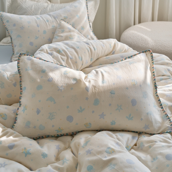 91家纺网 家纺一手货源 找家纺 洋铭区（原狠狠爱） 2025新款全棉纯棉双层纱彩边四件套 阳光海星