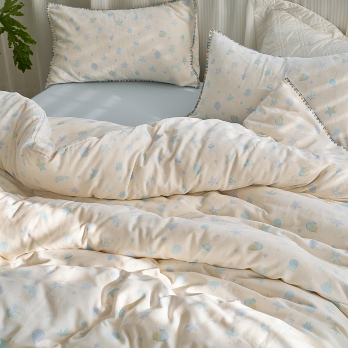 91家纺网 家纺一手货源 找家纺 洋铭区（原狠狠爱） 2025新款全棉纯棉双层纱彩边四件套 阳光海星