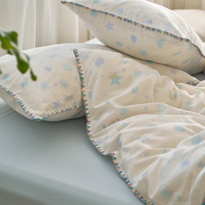 91家纺网 家纺一手货源 找家纺 洋铭区（原狠狠爱） 2025新款全棉纯棉双层纱彩边四件套 阳光海星