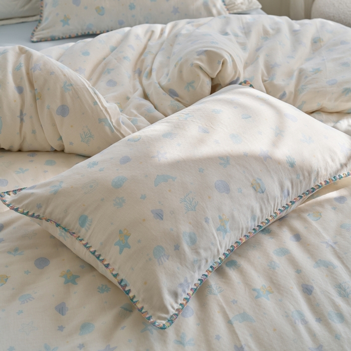 91家纺网 家纺一手货源 找家纺 洋铭区（原狠狠爱） 2025新款全棉纯棉双层纱彩边四件套 阳光海星