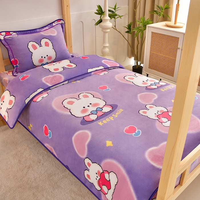 馨梦缘2025新款爆款高克重印花牛奶绒法莱绒学生三件套 爱心小兔