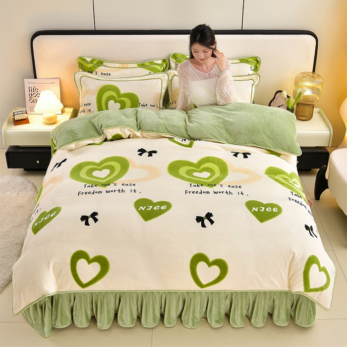  新8.5-9.5斤法莱绒四件套珊瑚牛奶金貂绒四件套床裙 爱心暖暖