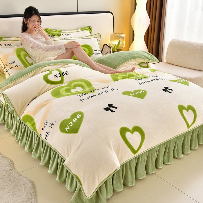 91家纺网 家纺一手货源 找家纺 新8.5-9.5斤法莱绒四件套珊瑚牛奶金貂绒四件套床裙 爱心暖暖