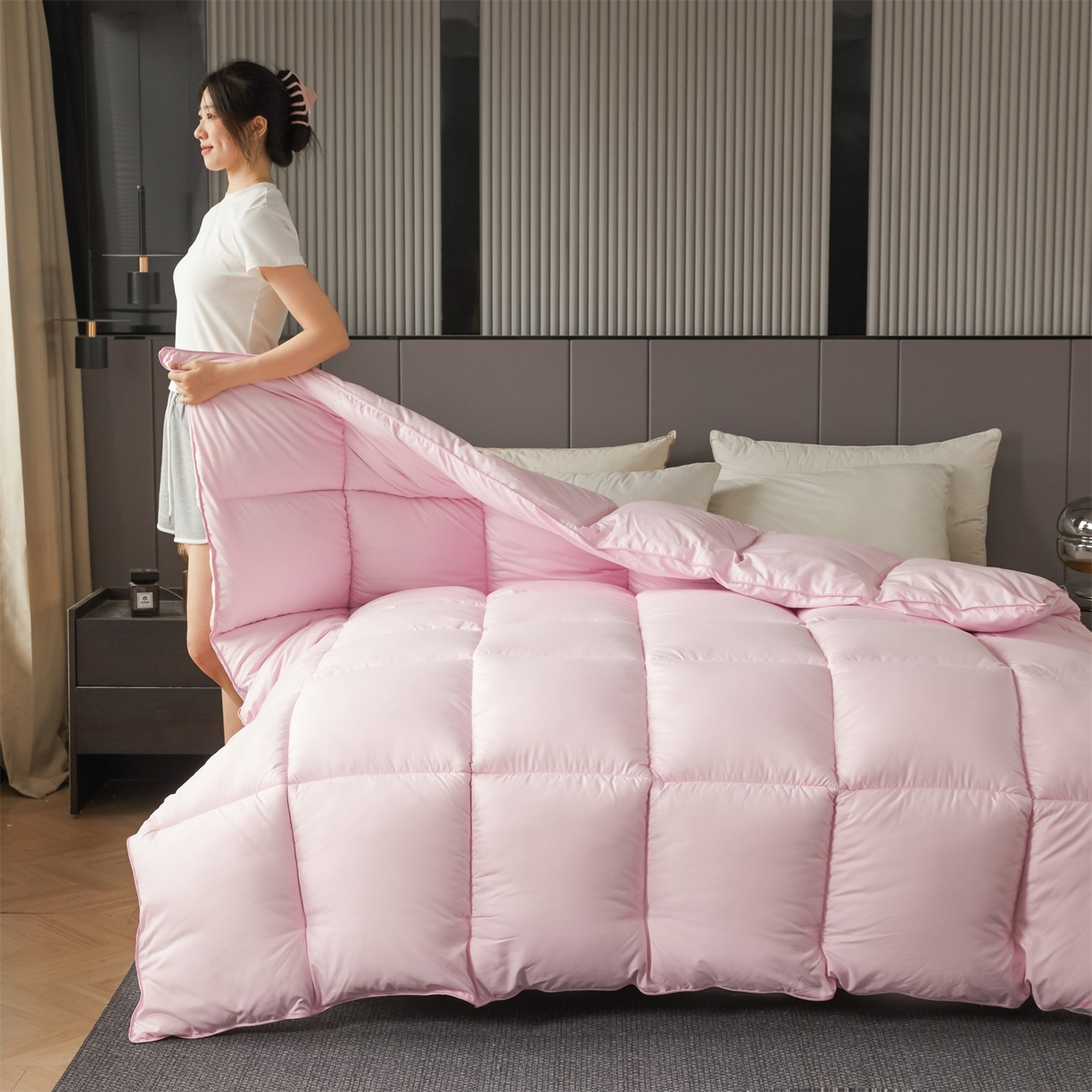 91家纺网 家纺一手货源 找家纺 2025新款羽丝被冬被子被芯大豆被春秋子母被夏被学生单人直播热款 粉色