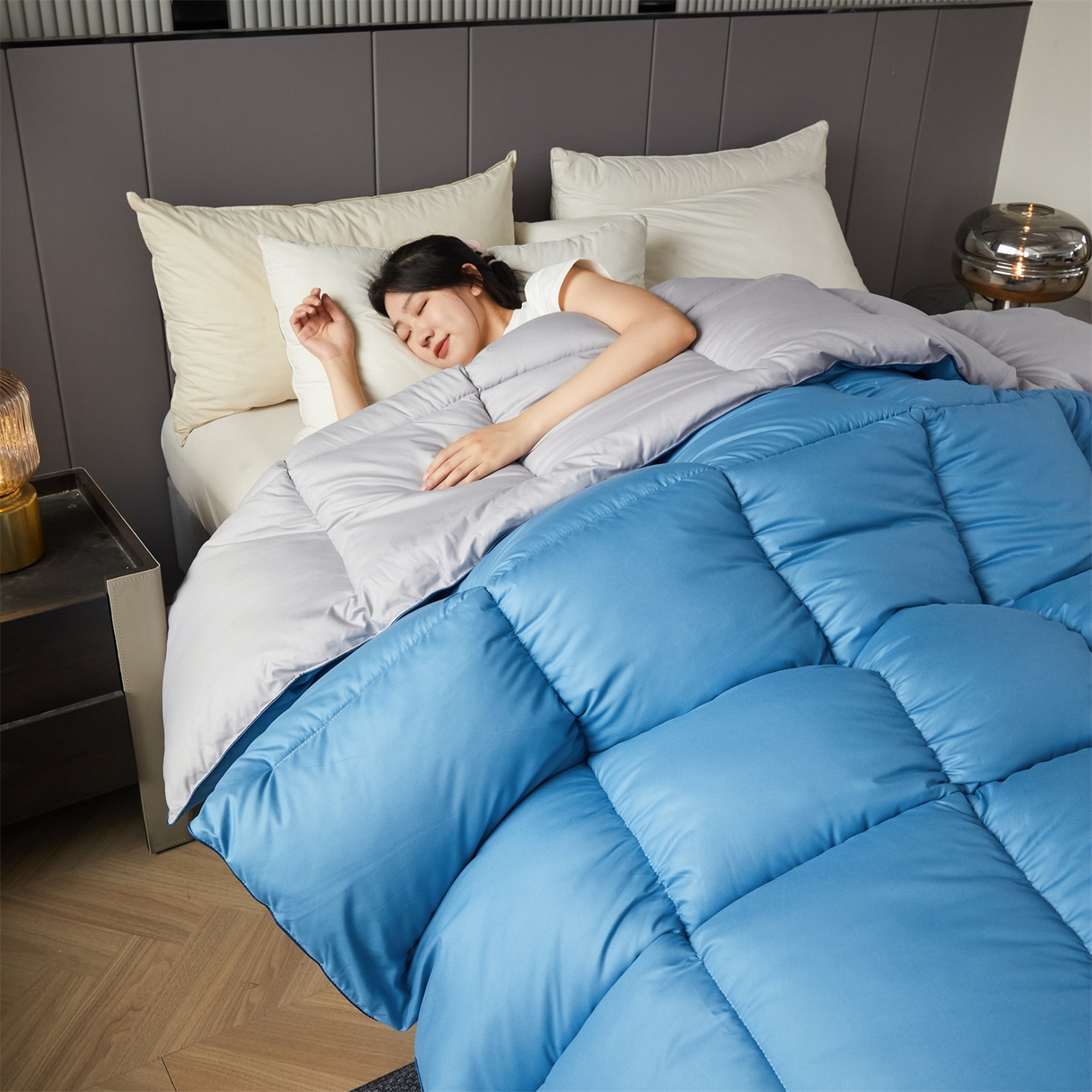 91家纺网 家纺一手货源 找家纺 2025新款羽丝被冬被子被芯大豆被春秋子母被夏被学生单人直播热款 蓝灰