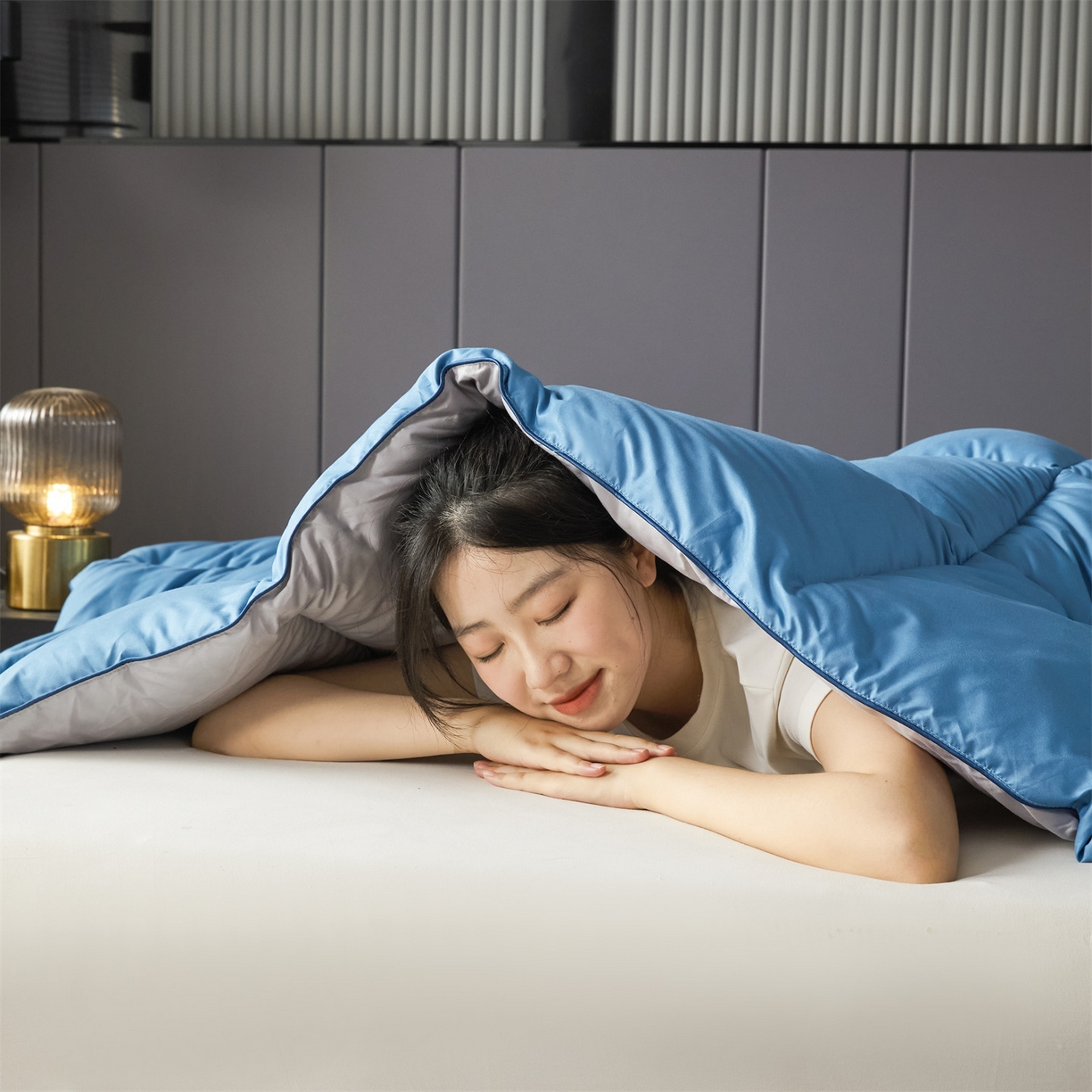 91家纺网 家纺一手货源 找家纺 2025新款羽丝被冬被子被芯大豆被春秋子母被夏被学生单人直播热款 蓝灰