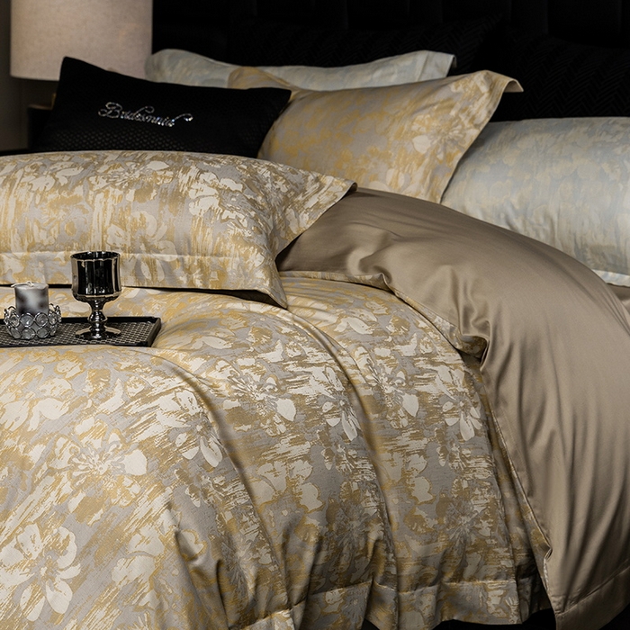 91家纺网 家纺一手货源 找家纺 立奥被业 2025新款天丝棉色织大提花四件套 风吹花季-金