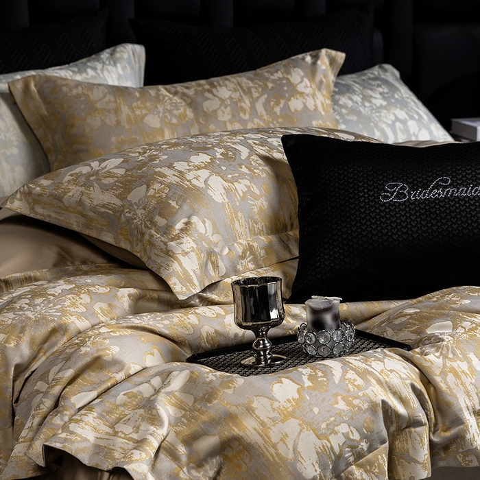 91家纺网 家纺一手货源 找家纺 立奥被业 2025新款天丝棉色织大提花四件套 风吹花季-金