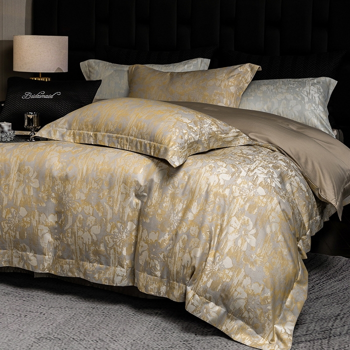 91家纺网 家纺一手货源 找家纺 立奥被业 2025新款天丝棉色织大提花四件套 风吹花季-金