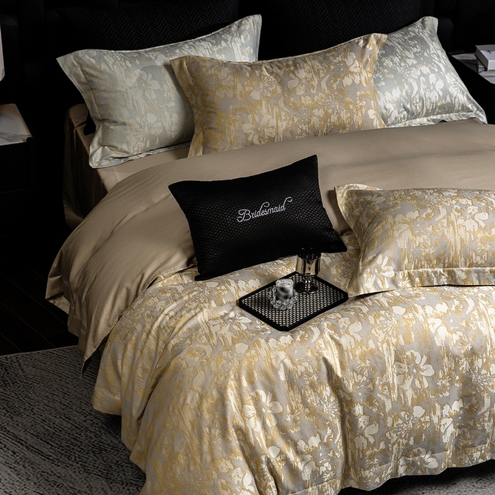 91家纺网 家纺一手货源 找家纺 立奥被业 2025新款天丝棉色织大提花四件套 风吹花季-金