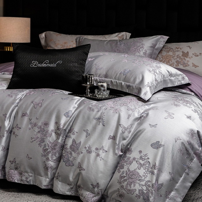 91家纺网 家纺一手货源 找家纺 立奥被业 2025新款天丝棉色织大提花四件套 哈雷娜紫