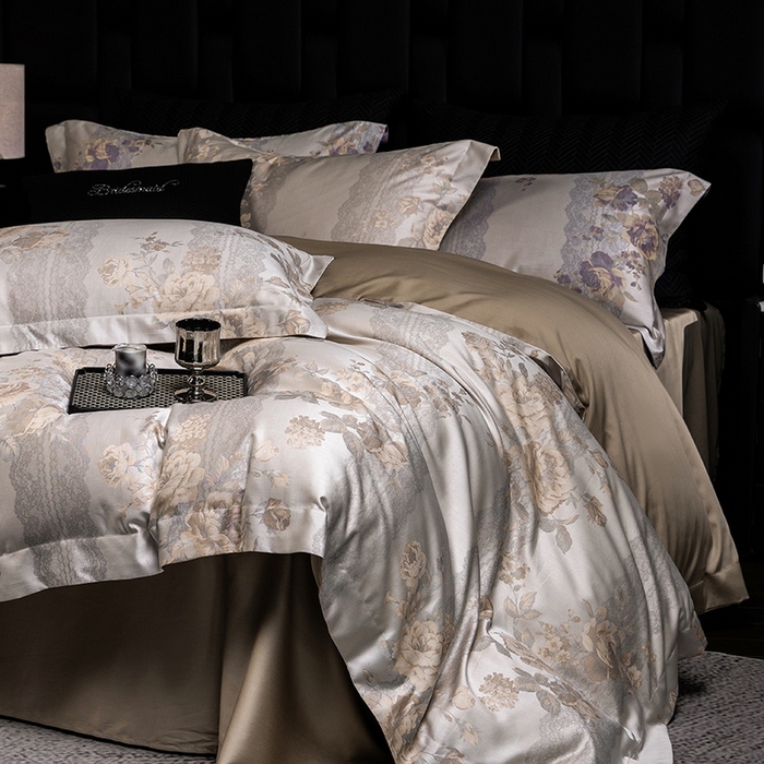 91家纺网 家纺一手货源 找家纺 立奥被业 2025新款天丝棉色织大提花四件套 哈纳亚金