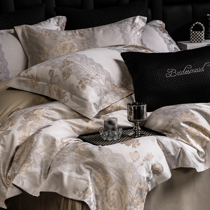 91家纺网 家纺一手货源 找家纺 立奥被业 2025新款天丝棉色织大提花四件套 哈纳亚金