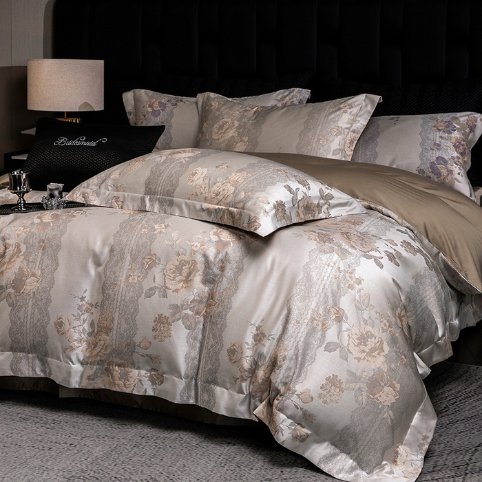 91家纺网 家纺一手货源 找家纺 立奥被业 2025新款天丝棉色织大提花四件套 哈纳亚金