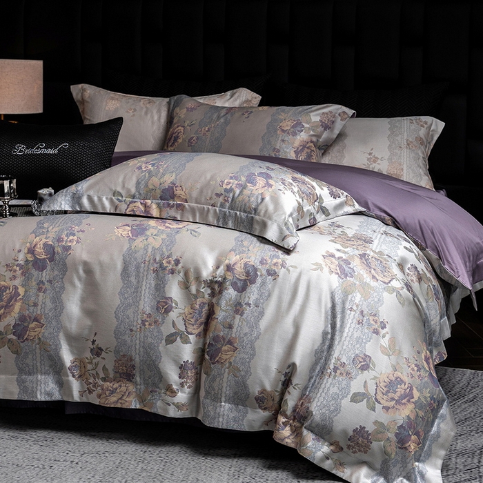 91家纺网 家纺一手货源 找家纺 立奥被业 2025新款天丝棉色织大提花四件套 哈纳亚紫