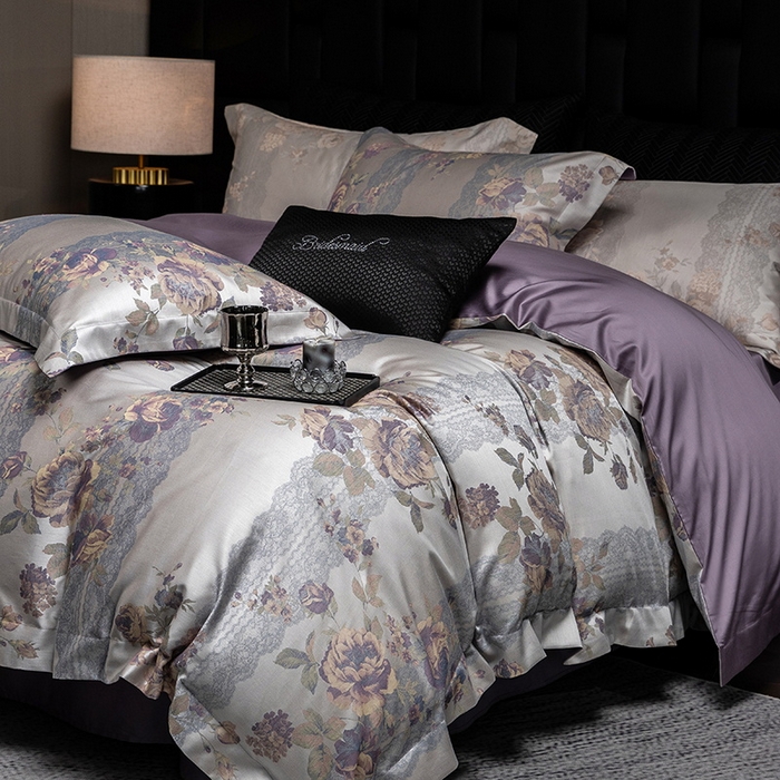 91家纺网 家纺一手货源 找家纺 立奥被业 2025新款天丝棉色织大提花四件套 哈纳亚紫