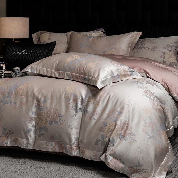 91家纺网 家纺一手货源 找家纺 立奥被业 2025新款天丝棉色织大提花四件套 沐然粉