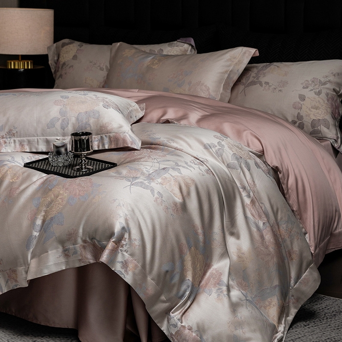 91家纺网 家纺一手货源 找家纺 立奥被业 2025新款天丝棉色织大提花四件套 沐然粉