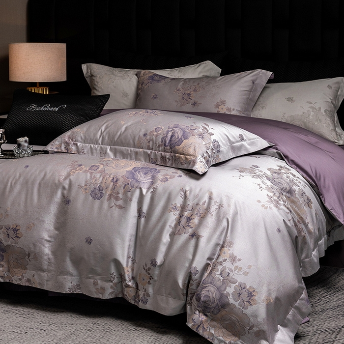 91家纺网 家纺一手货源 找家纺 立奥被业 2025新款天丝棉色织大提花四件套 诗意花颜-紫