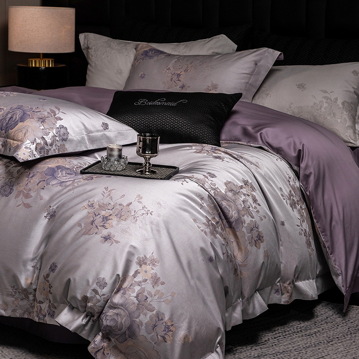 91家纺网 家纺一手货源 找家纺 立奥被业 2025新款天丝棉色织大提花四件套 诗意花颜-紫