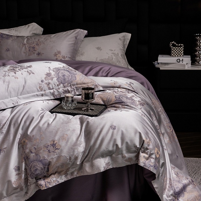 91家纺网 家纺一手货源 找家纺 立奥被业 2025新款天丝棉色织大提花四件套 诗意花颜-紫