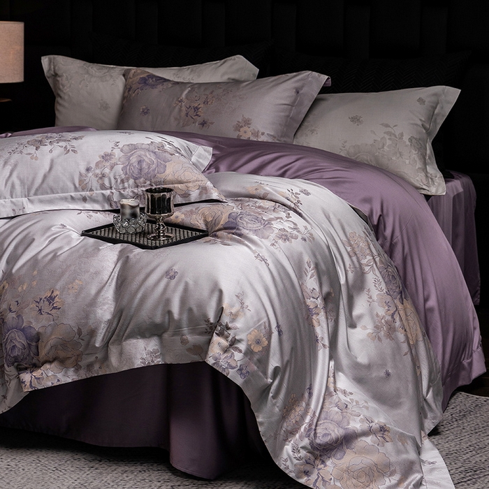 91家纺网 家纺一手货源 找家纺 立奥被业 2025新款天丝棉色织大提花四件套 诗意花颜-紫