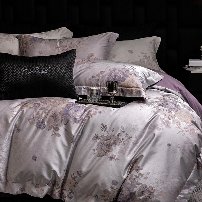 91家纺网 家纺一手货源 找家纺 立奥被业 2025新款天丝棉色织大提花四件套 诗意花颜-紫