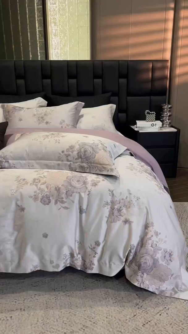 91家纺网 家纺一手货源 找家纺 立奥被业 2025新款天丝棉色织大提花四件套 诗意花颜-紫