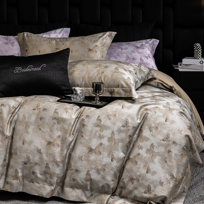 91家纺网 家纺一手货源 找家纺 立奥被业 2025新款天丝棉色织大提花四件套 仙蝶幻境-金