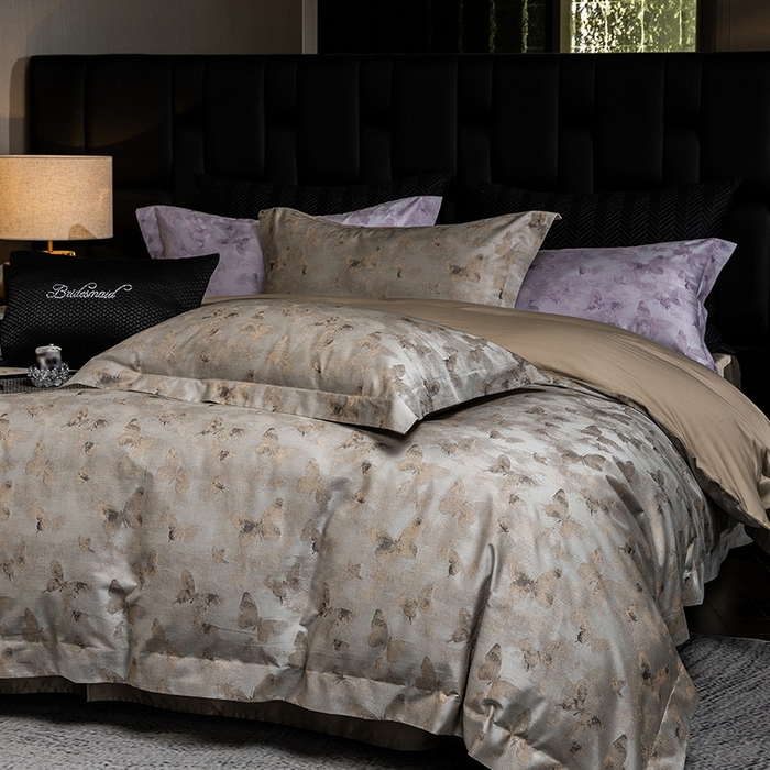 91家纺网 家纺一手货源 找家纺 立奥被业 2025新款天丝棉色织大提花四件套 仙蝶幻境-金