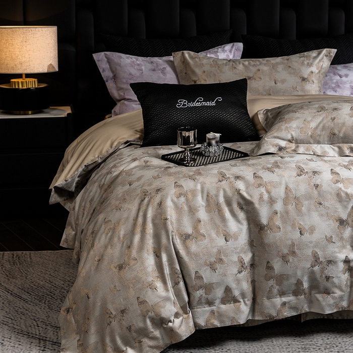 91家纺网 家纺一手货源 找家纺 立奥被业 2025新款天丝棉色织大提花四件套 仙蝶幻境-金