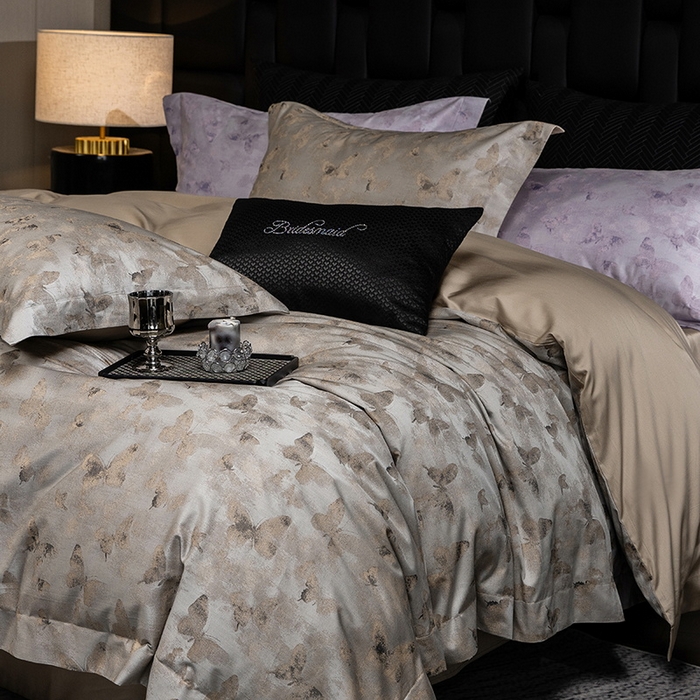 91家纺网 家纺一手货源 找家纺 立奥被业 2025新款天丝棉色织大提花四件套 仙蝶幻境-金