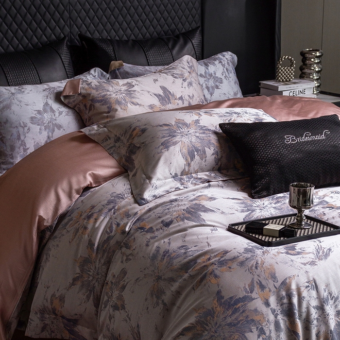 91家纺网 家纺一手货源 找家纺 立奥被业 2025新款天丝棉色织大提花四件套 烟花粉