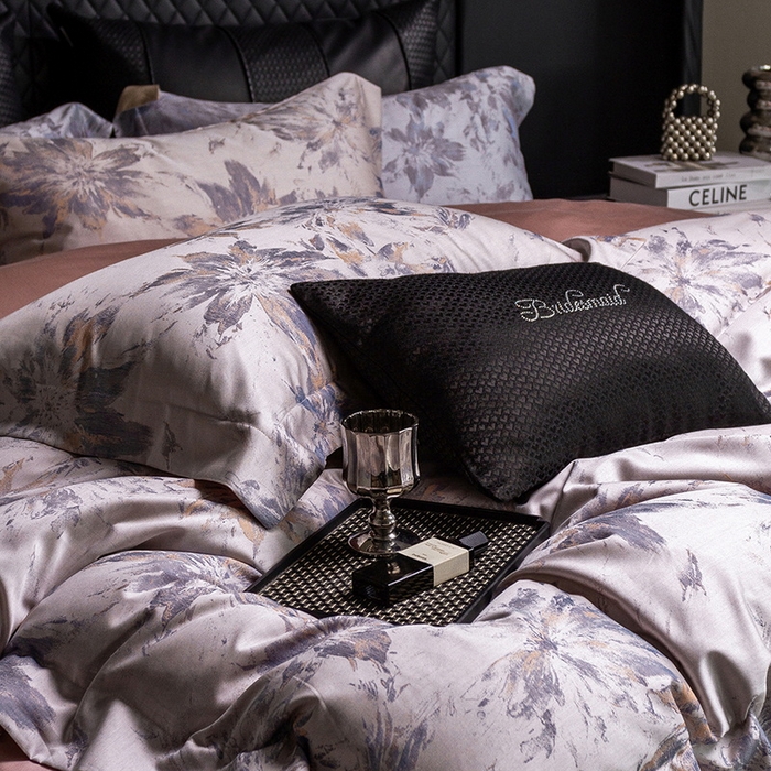 91家纺网 家纺一手货源 找家纺 立奥被业 2025新款天丝棉色织大提花四件套 烟花粉