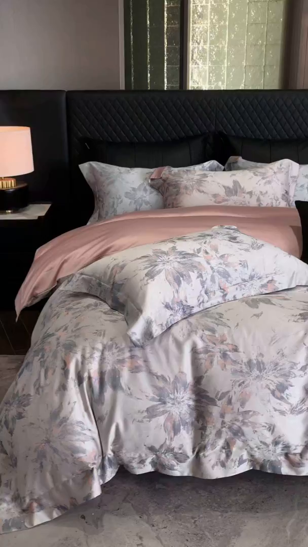 91家纺网 家纺一手货源 找家纺 立奥被业 2025新款天丝棉色织大提花四件套 烟花粉