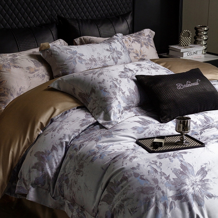 91家纺网 家纺一手货源 找家纺 立奥被业 2025新款天丝棉色织大提花四件套 烟花金