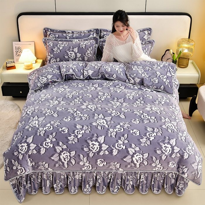  新8.5-9.5斤法莱绒四件套珊瑚牛奶金貂绒四件套床裙 繁花