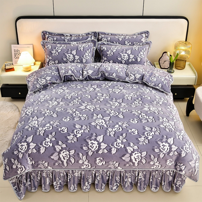 91家纺网 家纺一手货源 找家纺 新8.5-9.5斤法莱绒四件套珊瑚牛奶金貂绒四件套床裙 繁花