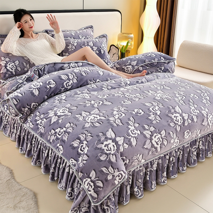 91家纺网 家纺一手货源 找家纺 新8.5-9.5斤法莱绒四件套珊瑚牛奶金貂绒四件套床裙 繁花