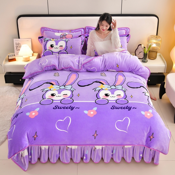 新8.5-9.5斤法莱绒四件套珊瑚牛奶金貂绒四件套床裙 菲菲兔