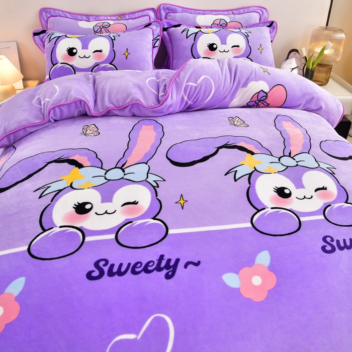 91家纺网 家纺一手货源 找家纺 新8.5-9.5斤法莱绒四件套珊瑚牛奶金貂绒四件套床裙 菲菲兔